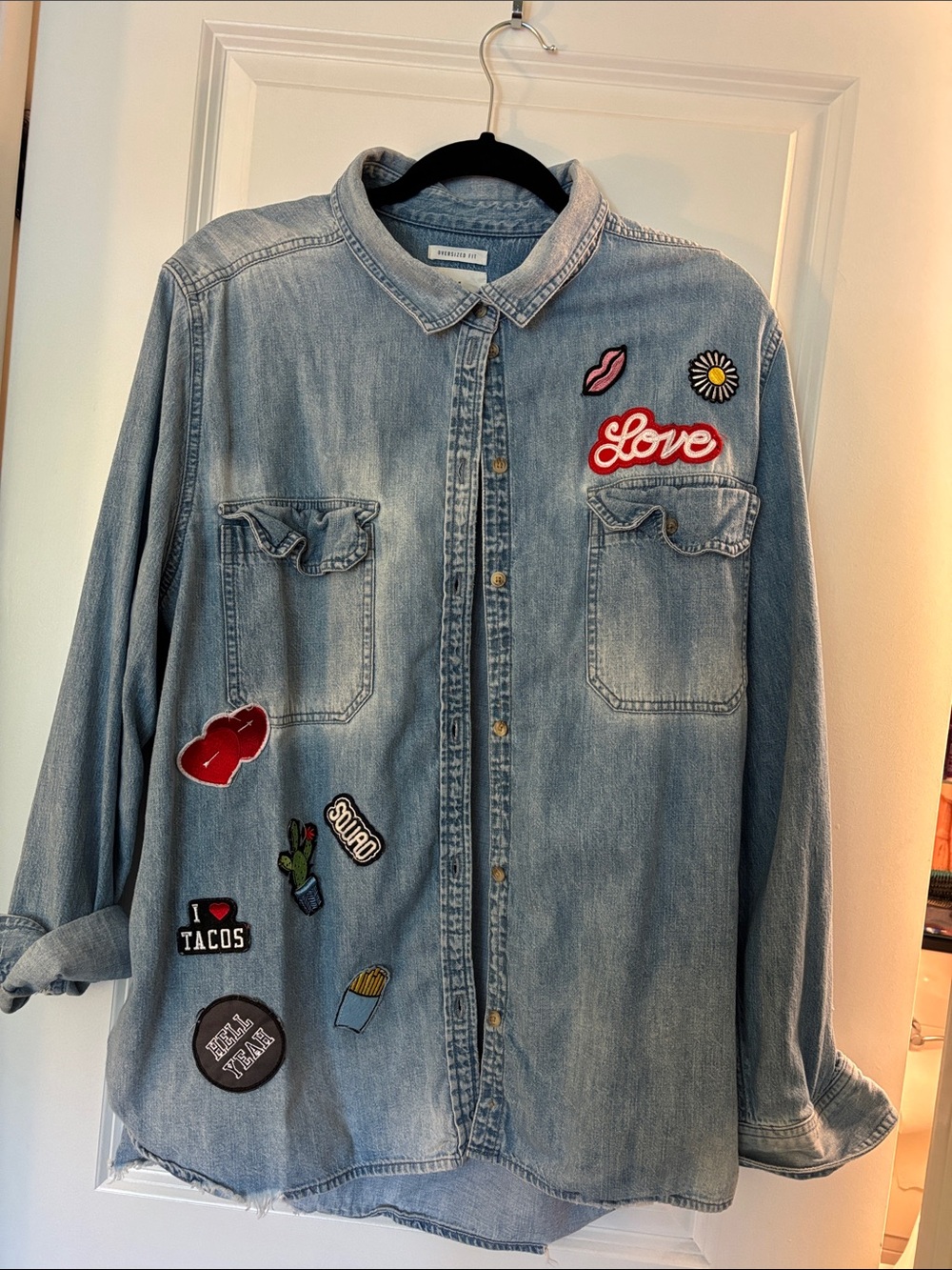 American Eagle Outfitters Light Wash Denim Patch Shirt with Red "Love" Patch